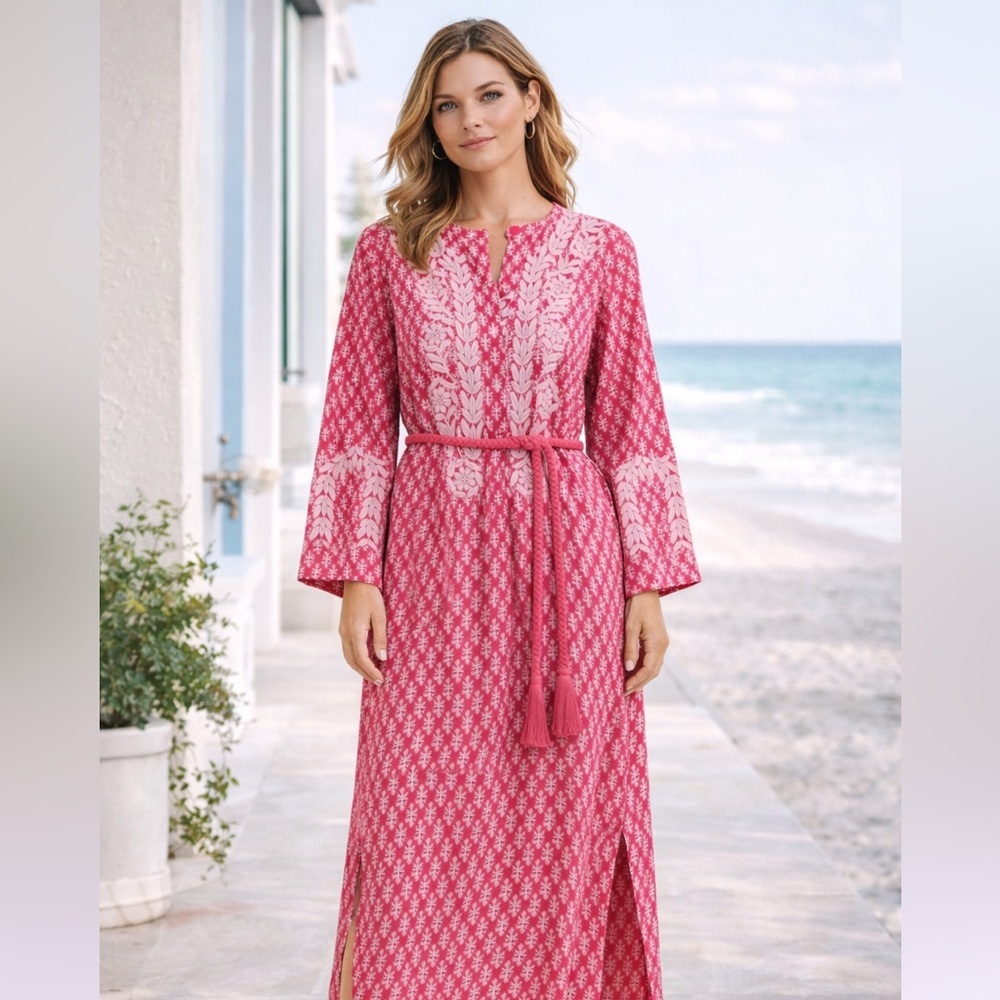 Ex Voto Amy Coral Rose Embroidered Cotton Midi Dress Belt XS